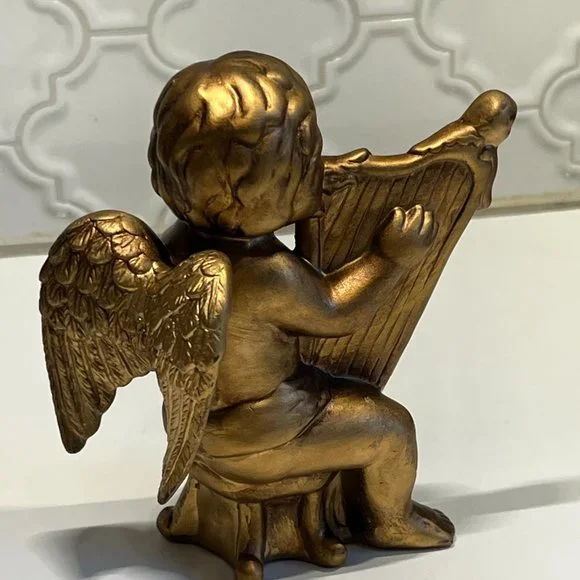 Vintage Cherub Angel Wall Art figurines resin gold with musical instruments - Picture 3 of 10